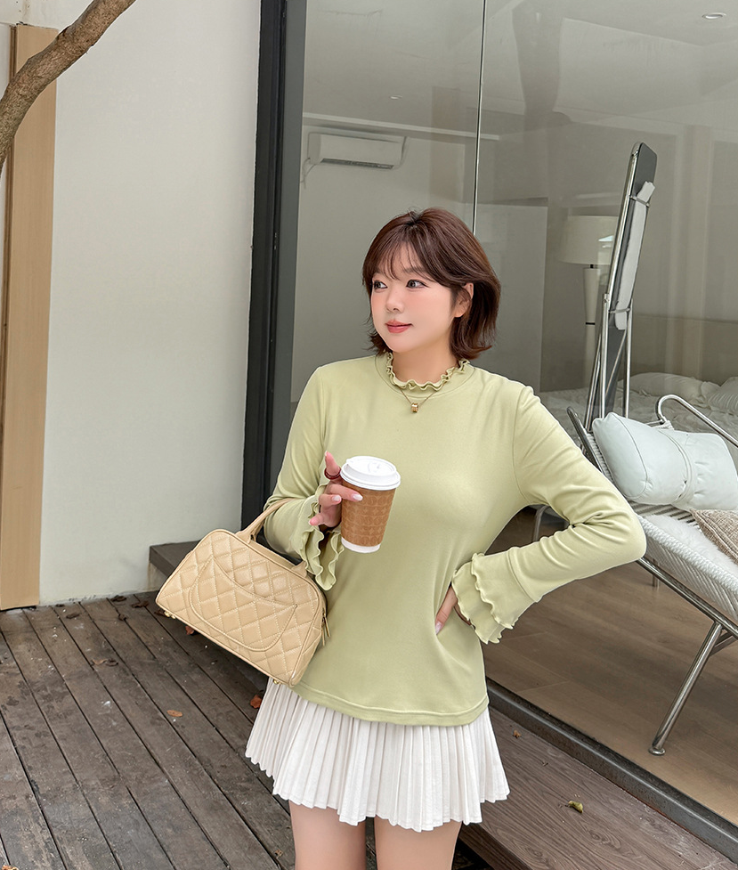 大きいサイズ レディース フリルネックスリムフィット長袖トップス LL 3L 4L 5L