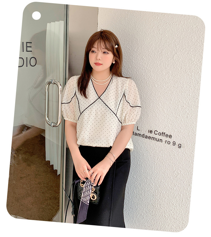 大きいサイズ レディース フレンチVネック水玉模様シースルートップス LL 3L 4L 5L