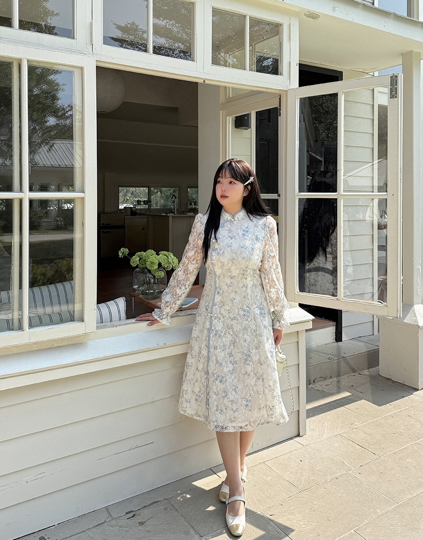 大きいサイズ レディース レトロ花柄プリントレースチャイナワンピース LL 3L 4L 5L