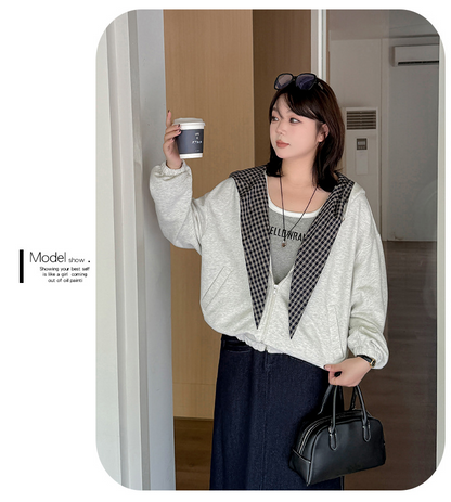 大きいサイズ レディース チェック柄リボンカジュアルパーカージャケット LL 3L 4L 5L