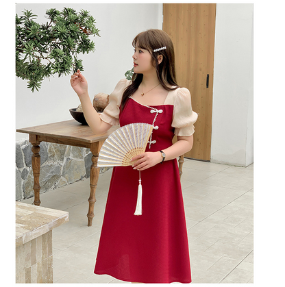 大きいサイズ レディース フレンチスクエアネックパフスリーブワンピース（半袖/長袖） LL 3L 4L 5L