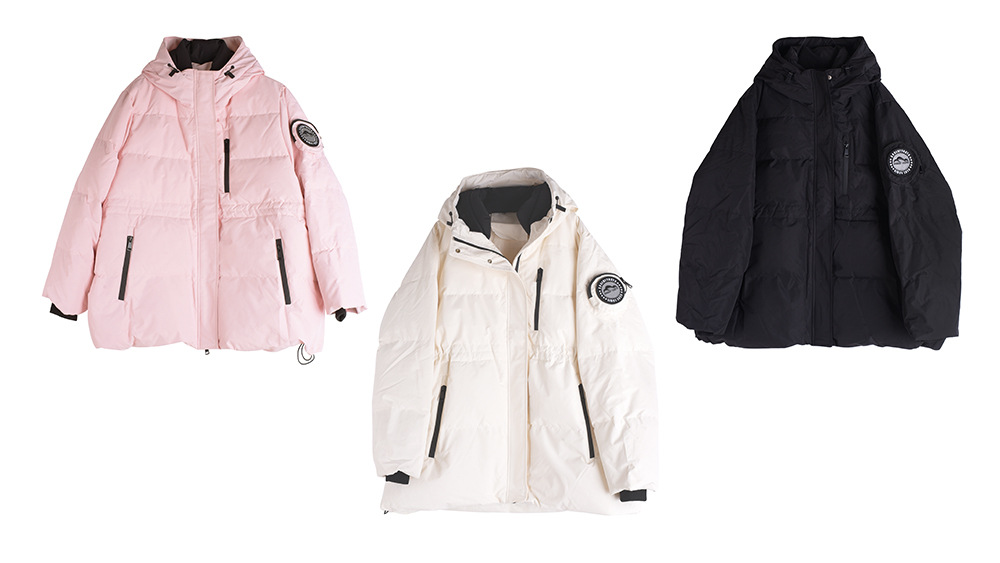 大きいサイズ レディース フード付きロゴ刺繍ワッペンミドル丈ダックダウンジャケット LL 3L