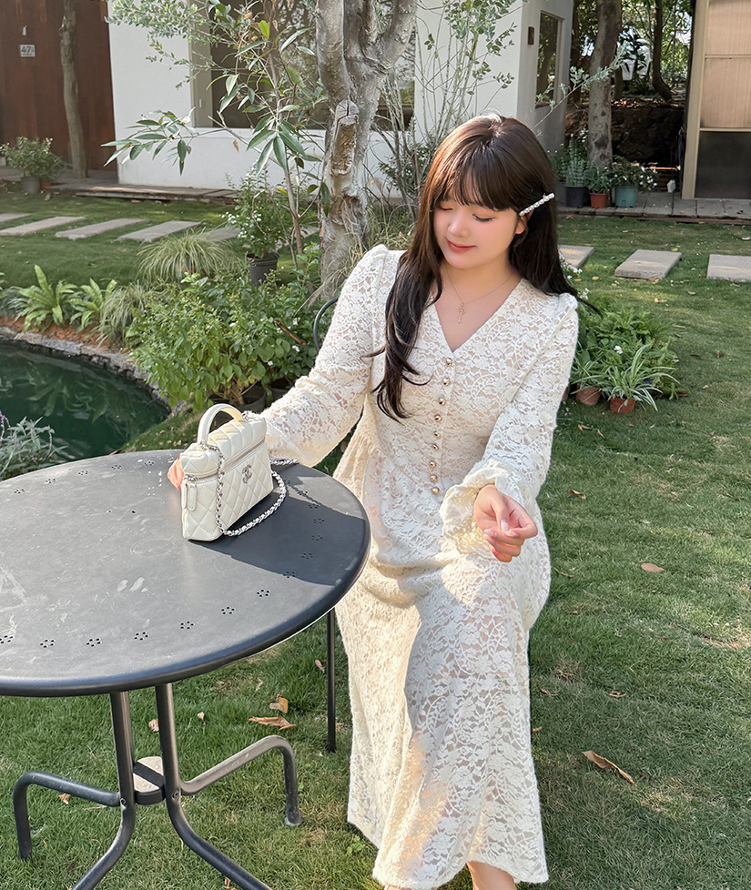 大きいサイズ レディース Vネックビーズボタン花柄レースワンピース LL 3L 4L 5L