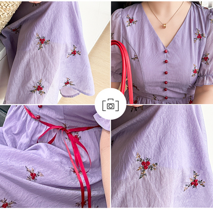 大きいサイズ レディース Vネック刺繍入りリボン花柄ワンピース LL 3L 4L 5L