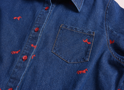 大きいサイズ レディース ポニー刺繍カジュアルウォッシュデニムシャツ 3L 4L 5L