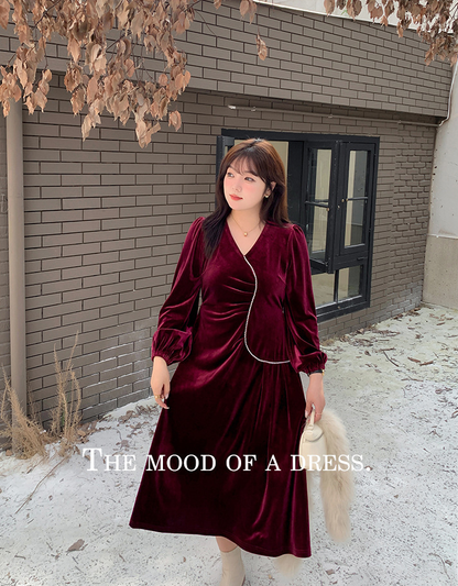 大きいサイズ レディース Vネックラインストーン装飾エレガントベルベットワンピース LL 3L 4L 5L