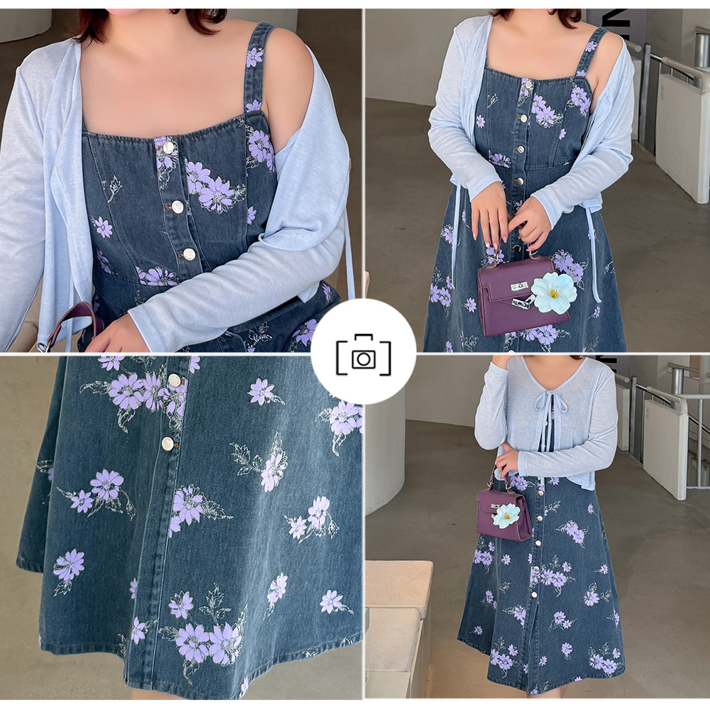 大きいサイズ レディース レトロ花柄デニムキャミソールワンピース LL 3L 4L 5L