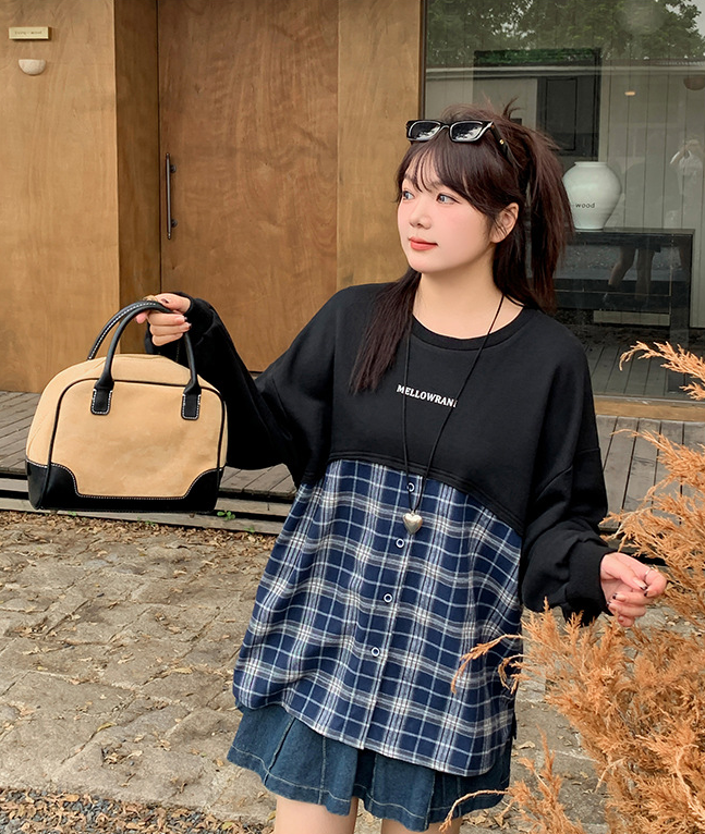 大きいサイズ レディース フェイクツーピースチェック柄スウェットシャツ LL 3L 4L 5L