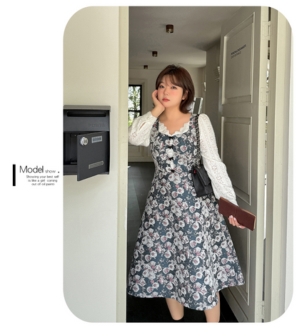 大きいサイズ レディース フレンチレースジャカードパッチワーク花柄ワンピース LL 3L 4L 5L