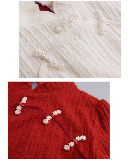 大きいサイズ レディース チャイナ風レトロ花柄ビーズボタンレースワンピース LL 3L 4L 5L