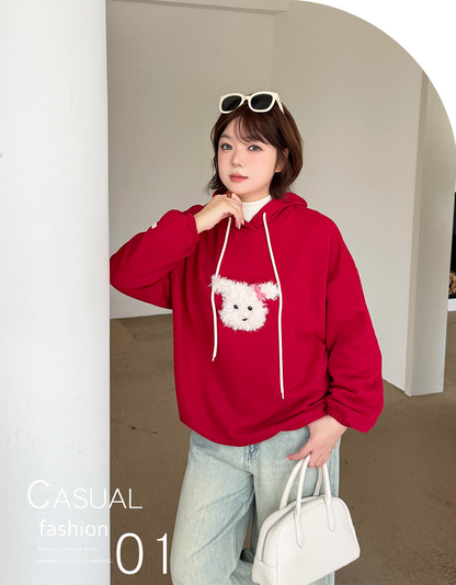 大きいサイズ レディース ふわふわ小犬厚手ニットスウェットパーカー LL 3L 4L 5L