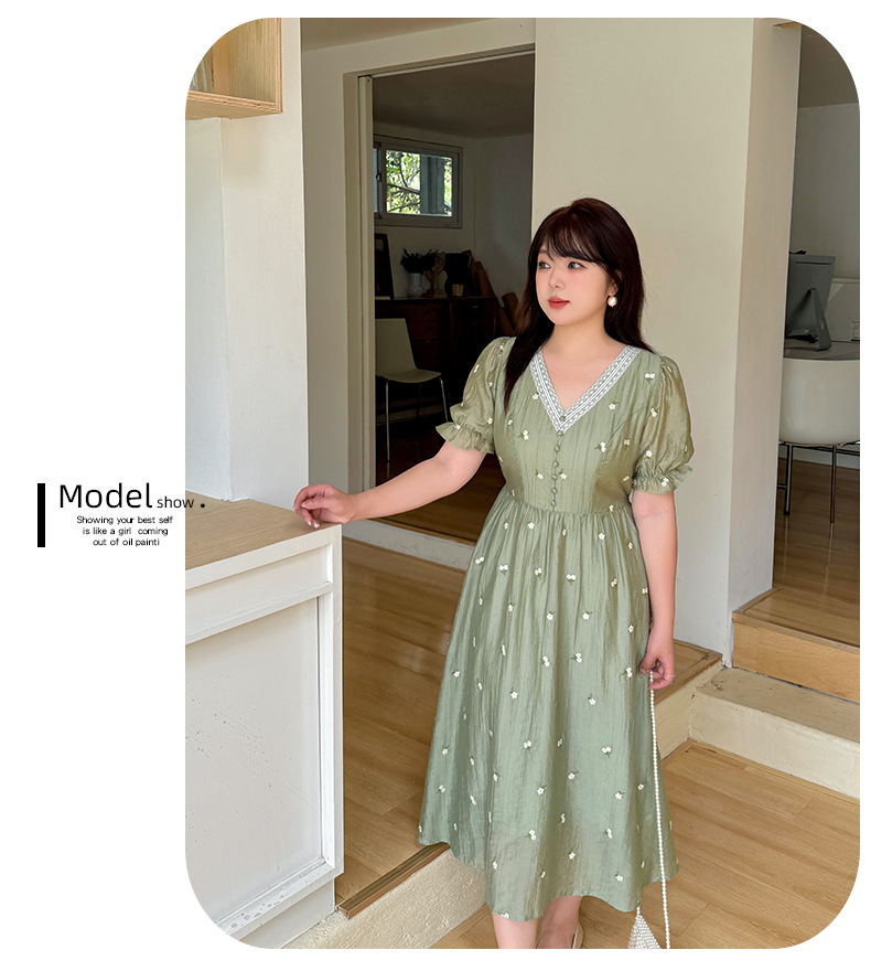 大きいサイズ レディース レースVネックフラワー刺繍ワンピース LL 3L 4L 5L