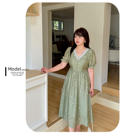 大きいサイズ レディース レースVネックフラワー刺繍ワンピース LL 3L 4L 5L