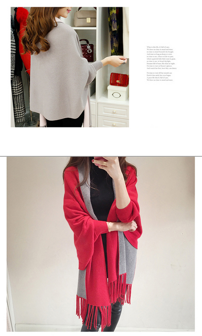 大きいサイズ レディース 袖付き着るニットフリンジストール F フリーサイズ