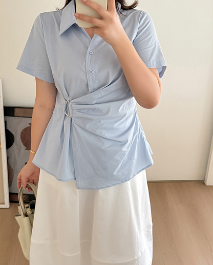 大きいサイズ レディース サイドリングバックル半袖カラーシャツ LL 3L 4L 5L 6L