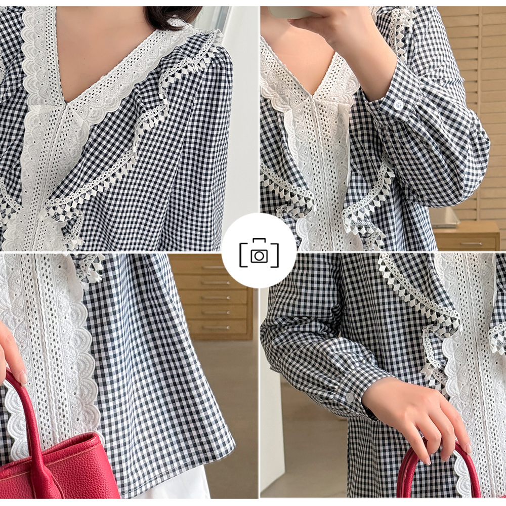 大きいサイズ レディース フレンチレトロギンガムチェックレースブラウス LL 3L 4L 5L