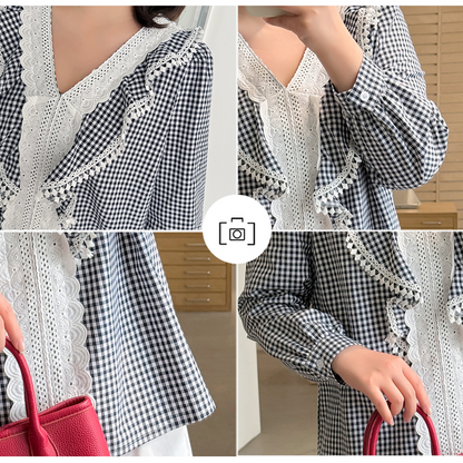 大きいサイズ レディース フレンチレトロギンガムチェックレースブラウス LL 3L 4L 5L