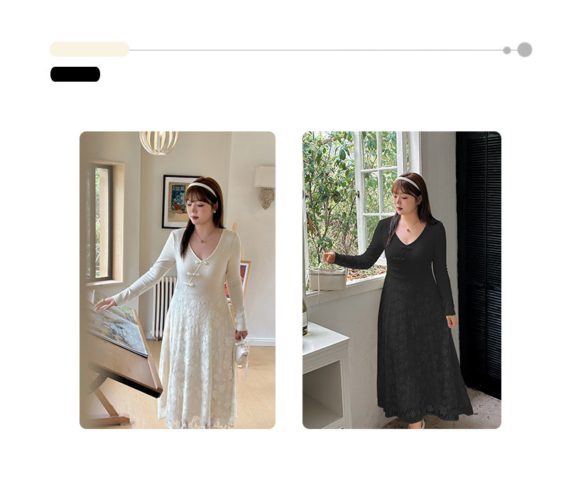 大きいサイズ レディース レース切替えVネックニットワンピース LL 3L 4L 5L