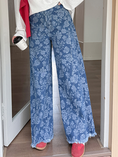 大きいサイズ レディース ヴィンテージ風ジャカードデニムワイドレッグパンツ LL 3L 4L 5L
