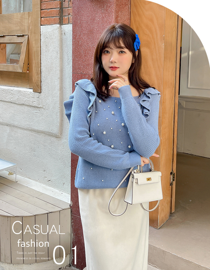 大きいサイズ レディース ビーズフリルオフショルダーニットセーター LL 3L 4L 5L