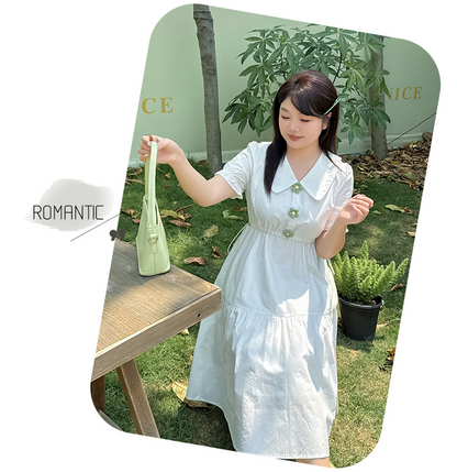 大きいサイズ レディース 小花ボタン飾りコットンフリルワンピース LL 3L 4L 5L