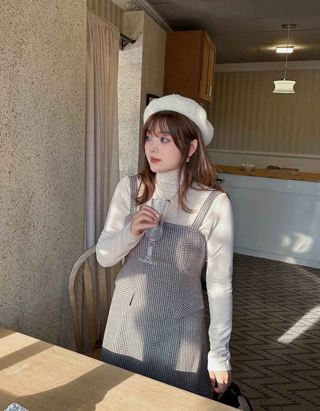 大きいサイズ レディース ハイネックインナーシャツ+サスペンダーワンピース2点セット LL 3L 4L 5L 6L