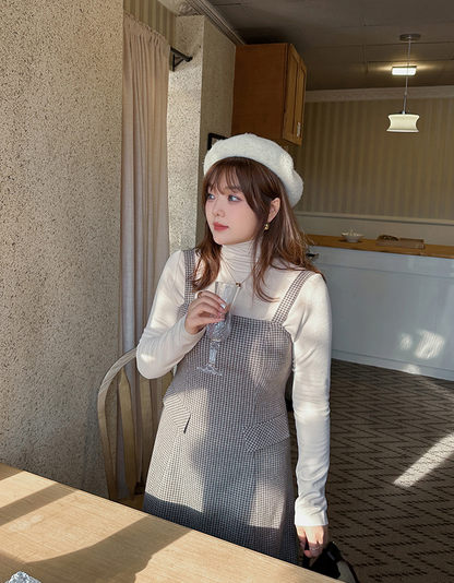 大きいサイズ レディース ハイネックインナーシャツ+サスペンダーワンピース2点セット LL 3L 4L 5L 6L