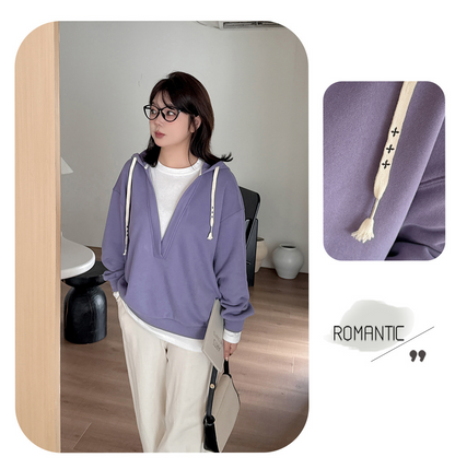 大きいサイズ レディース フード付き厚手フェイクツーピースカジュアルスウェットシャツ LL 3L 4L 5L