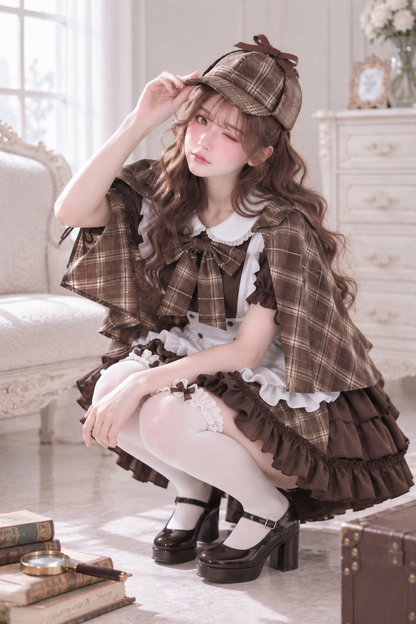 大きいサイズ レディース 探偵風チェック柄メイドコスチューム LL 3L 4L 5L 6L