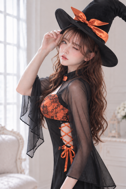 大きいサイズ レディース 魔女帽子付きシアーレースロングワンピースコスチューム LL 3L 4L 5L 6L