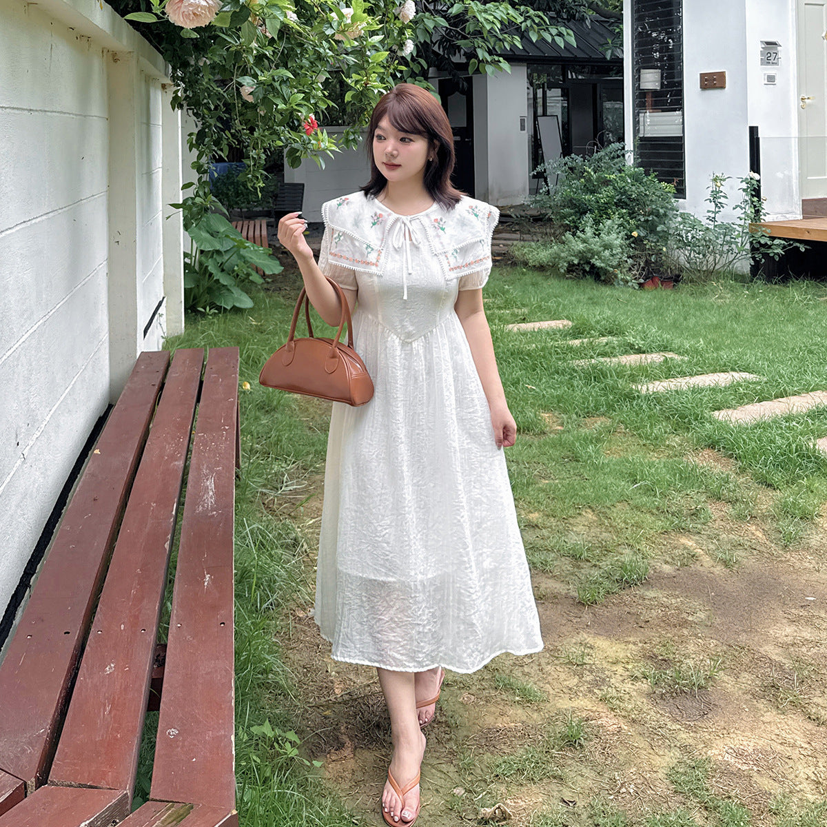 大きいサイズ レディース リボン花柄刺繍ショールフェアリーワンピース LL 3L 4L 5L