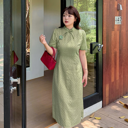 大きいサイズ レディース 花飾り付きリボンチャイナ風レトロジャガードドットワンピース LL 3L 4L 5L