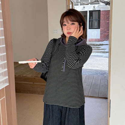 大きいサイズ レディース フード付きストライプ柄ベースレイヤーフリースシャツ LL 3L 4L 5L