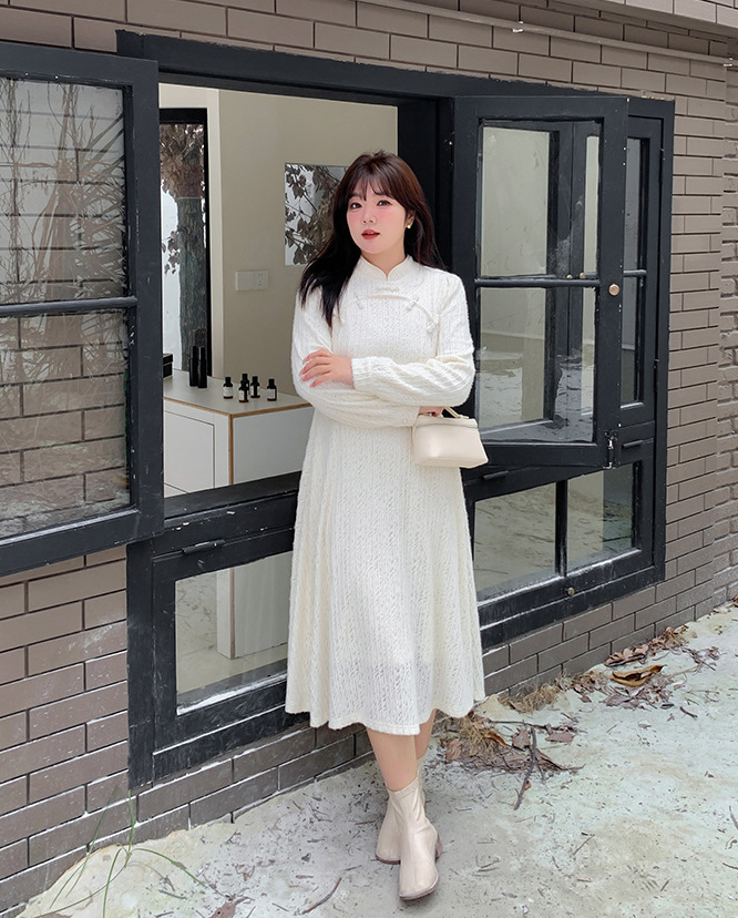 大きいサイズ レディース チャイナ風レトロ花柄ビーズボタンレースワンピース LL 3L 4L 5L