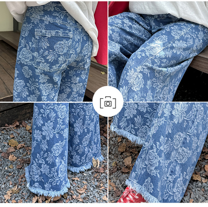 大きいサイズ レディース ヴィンテージ風ジャカードデニムワイドレッグパンツ LL 3L 4L 5L
