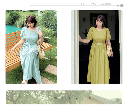 大きいサイズ レディース ラウンドネックダブルベルトカジュアルワンピース LL 3L 4L 5L