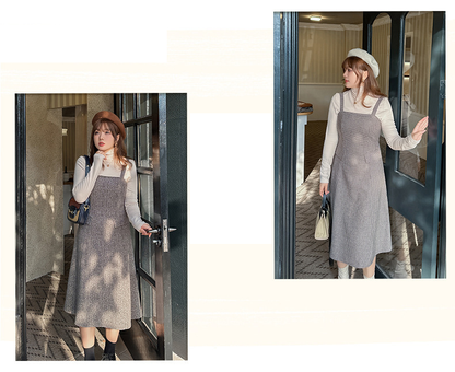 大きいサイズ レディース ハイネックインナーシャツ+サスペンダーワンピース2点セット LL 3L 4L 5L 6L