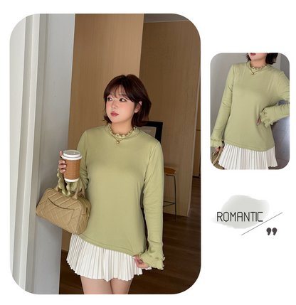 大きいサイズ レディース フリルネックスリムフィット長袖トップス LL 3L 4L 5L