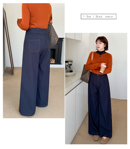 大きいサイズ レディース デニム風プリーツストレートワイドレッグパンツ LL 3L 4L 5L