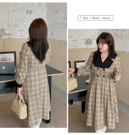 大きいサイズ レディース ブラックラペルフロックリボンチェック柄プリーツワンピース LL 3L 4L 5L