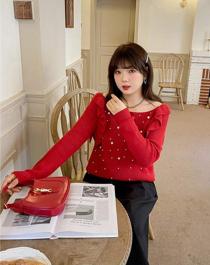 大きいサイズ レディース ビーズフリルオフショルダーニットセーター LL 3L 4L 5L