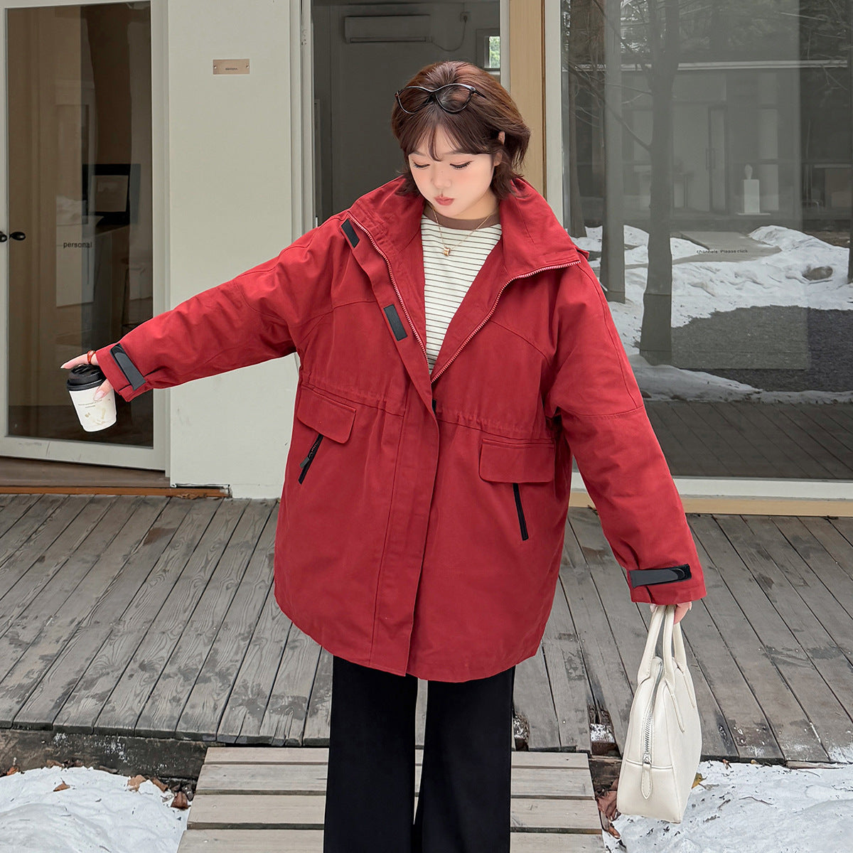 大きいサイズ レディース フード付きウエスト絞りキルティング中綿ジャケット 3L 4L 5L