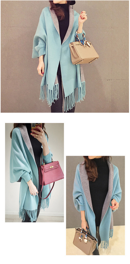 大きいサイズ レディース 袖付き着るニットフリンジストール F フリーサイズ