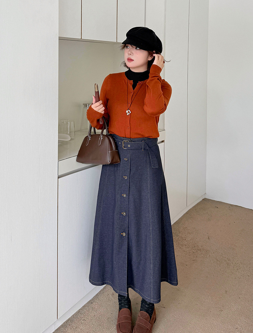 大きいサイズ レディース 起毛フェイクデニムベルト付ボタンダウンロングスカート LL 3L 4L 5L