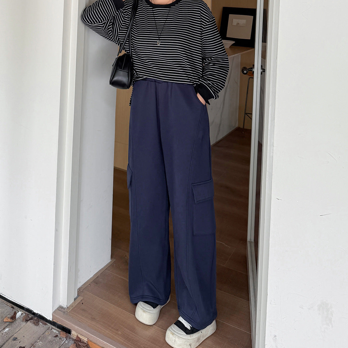 大きいサイズ レディース ニットフリース裏地ワイドレッグカーゴパンツ LL 3L 4L 5L