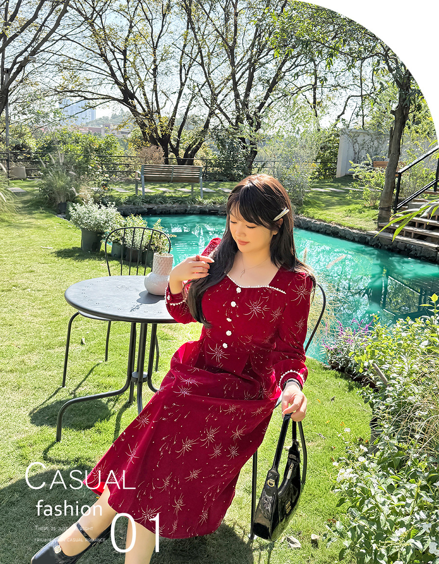 大きいサイズ レディース ビーズ花火柄ベルベットフレンチワンピース LL 3L 4L 5L