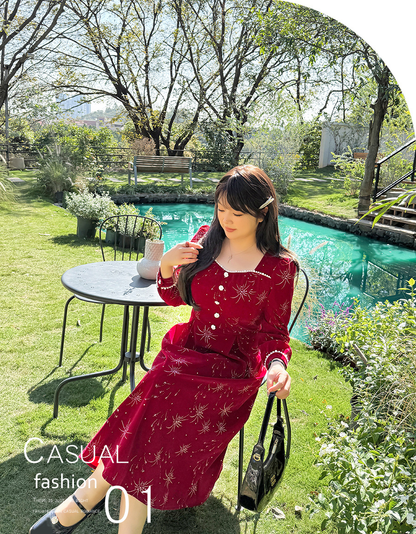 大きいサイズ レディース ビーズ花火柄ベルベットフレンチワンピース LL 3L 4L 5L