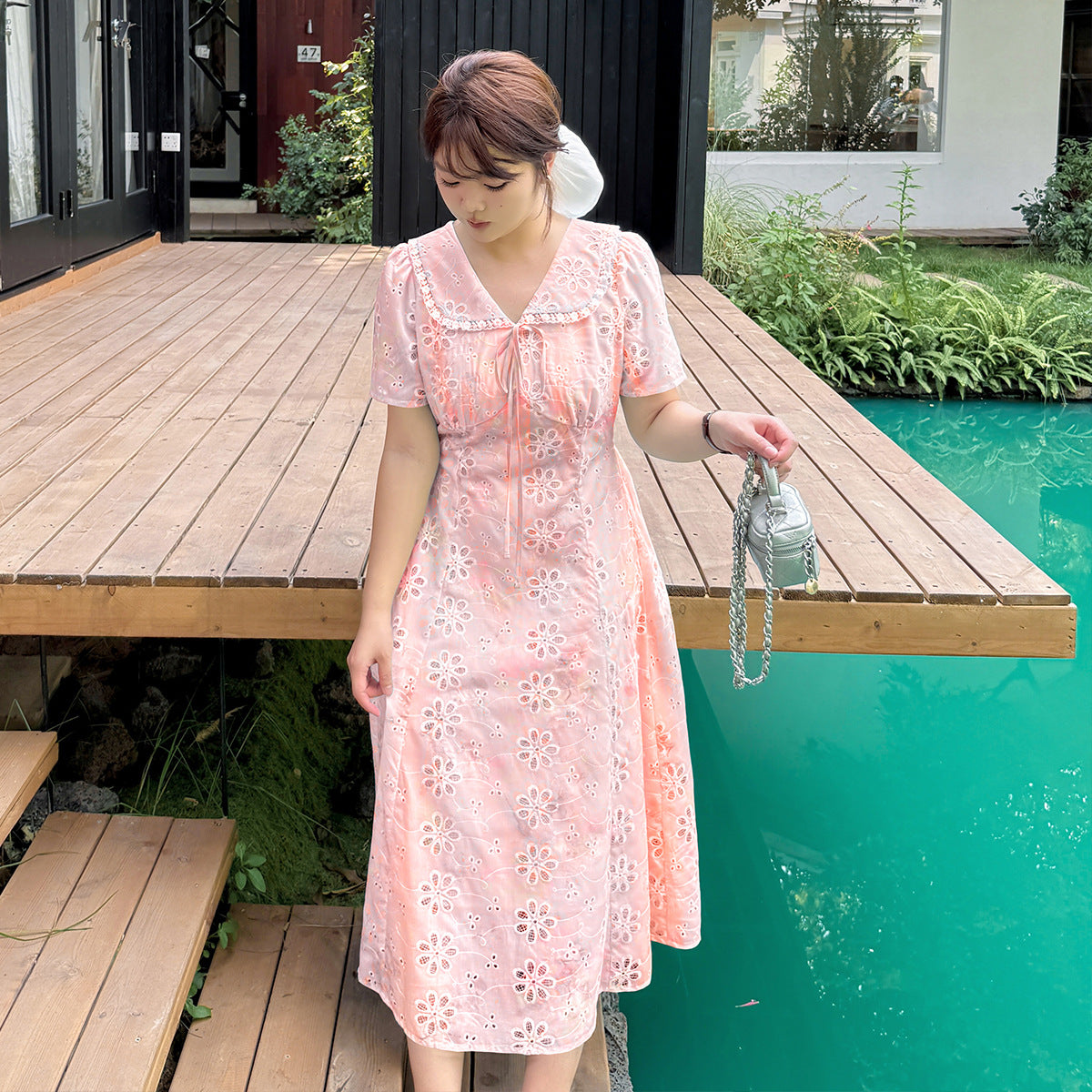 大きいサイズ レディース リボントリムレースラペルフラワー中空刺繍プリントワンピース LL 3L 4L 5L