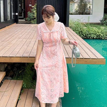 大きいサイズ レディース リボントリムレースラペルフラワー中空刺繍プリントワンピース LL 3L 4L 5L