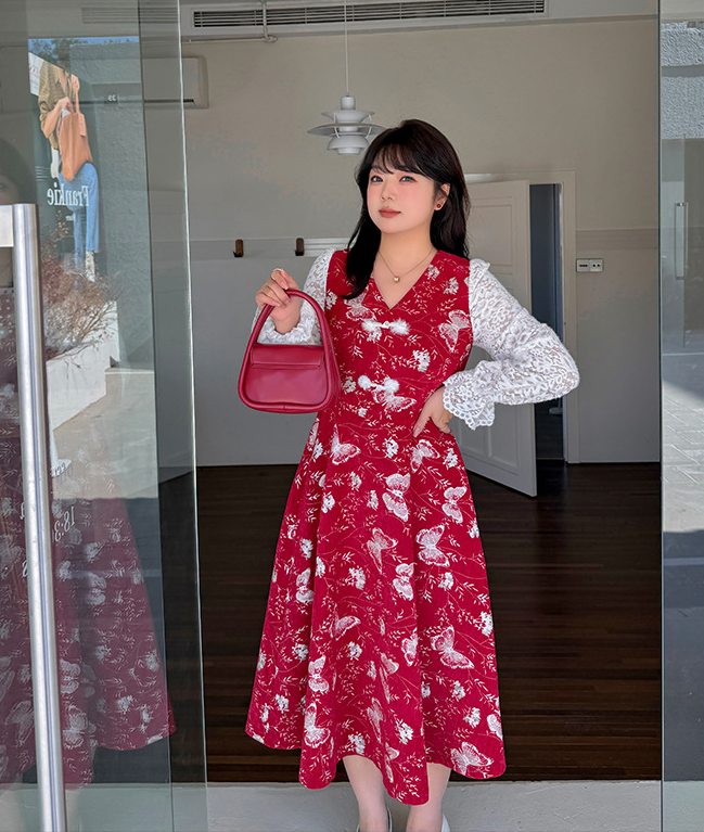 大きいサイズ レディース フェイクツーピースバタフライ刺繍レースワンピース LL 3L 4L 5L